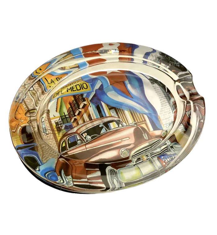 Cigar ashtray glass oval with Cuba design 2 holders